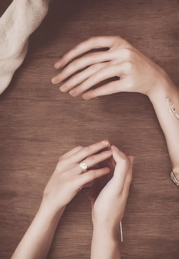 Prompt: a photo of one ultra detailed photorealistic woman's hand with cupped palm up, back of hand on the table, palm pattern visible, instagram photo, studio photo, 9 0 mm, f / 1. 4