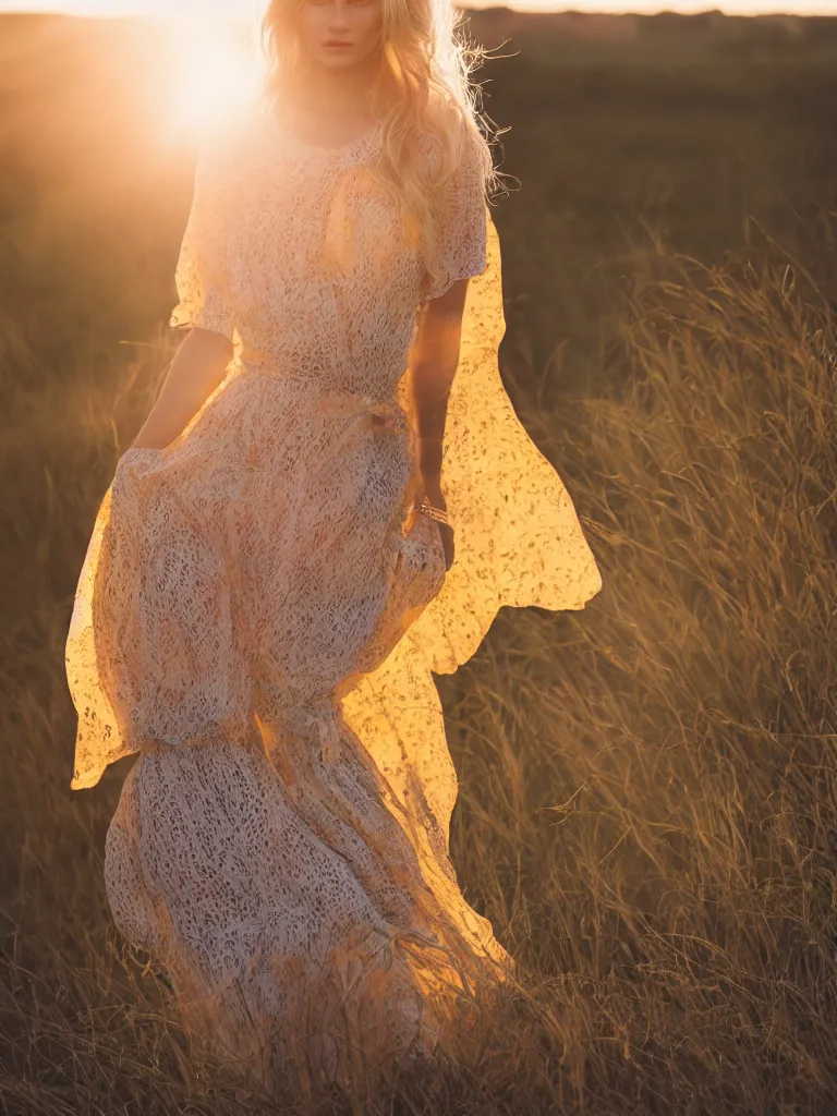 Prompt: fashion magazine portrait, 22yo blonde model, yellow dress, sunset, backlit hair, by lake