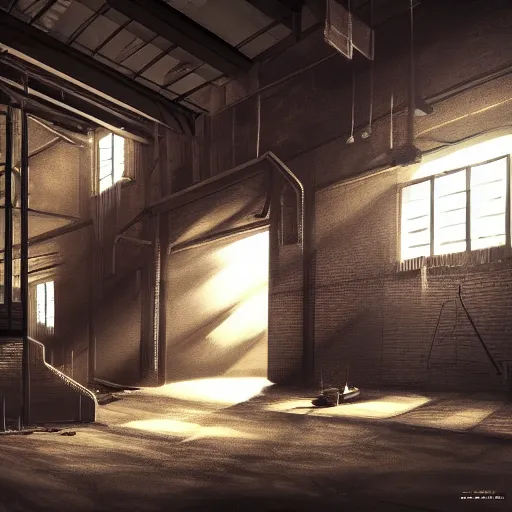 Prompt: Trending on artstation, atmospheric warehouse, liminal space, dramatic illumination