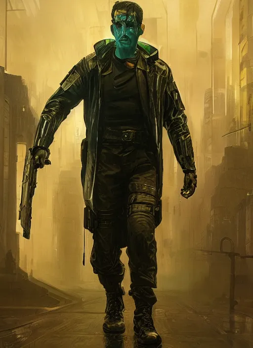 Image similar to frankenstein. cyberpunk cop in tactical gear. plastic raincoat. blade runner 2 0 4 9 concept painting. epic painting by james gurney, azamat khairov, and alphonso mucha. artstationhq. painting with vivid color. ( rb 6 s, cyberpunk 2 0 7 7 )