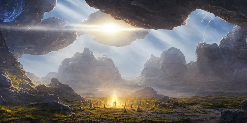 Prompt: ancient alien portal, crowd of androids, beams of light from sky, matte painting, dreamscape, global illumination, the great beyond, trending on artstation, highly detailed