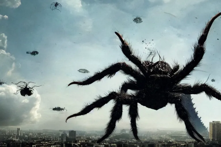 Prompt: film still of a tarantula! covering the ( ( eiffel tower ) ) with webs and eggs in the new godzilla pacific rim horror movie