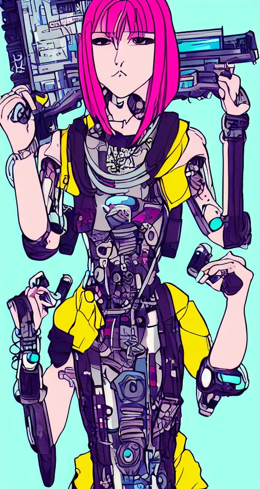 Prompt: portrait of a female cyborg cyberpunk gutterpunk, yellow and pink, in the style of manga