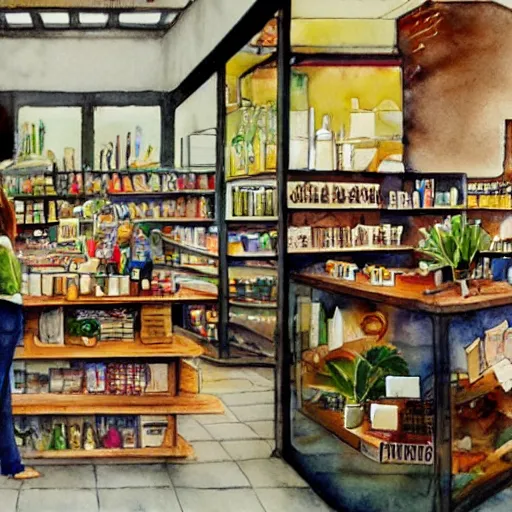 Image similar to bustling busy small shop shelves neat cannabis samples interior design, aussie, environment portrait watercolor drawing by steve hanks, australia tv still render by pixar