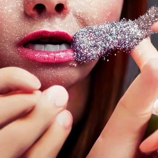 Prompt: photo of a woman snorting glitter