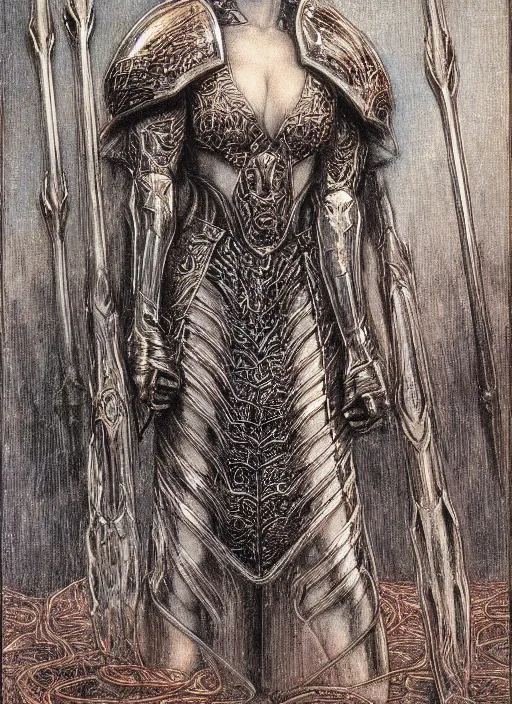 Prompt: malenia from elden ring drawn by jean delville, armor, red hair