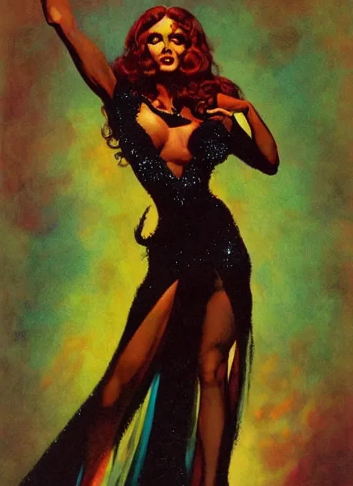 Image similar to seventies horror actress, sequinned dress, dark night, strong line, deep color, beautiful! coherent! by brom, by frank frazetta,