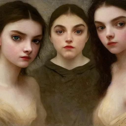 Image similar to elle fanning, ana de armas, anya taylor joy in prey picture by adolph bouguereau, asymmetrical, dark vibes, realistic painting, organic painting, matte painting, geometric shapes, hard edges, graffiti, street art : 2 by adolphe bouguereau : 4