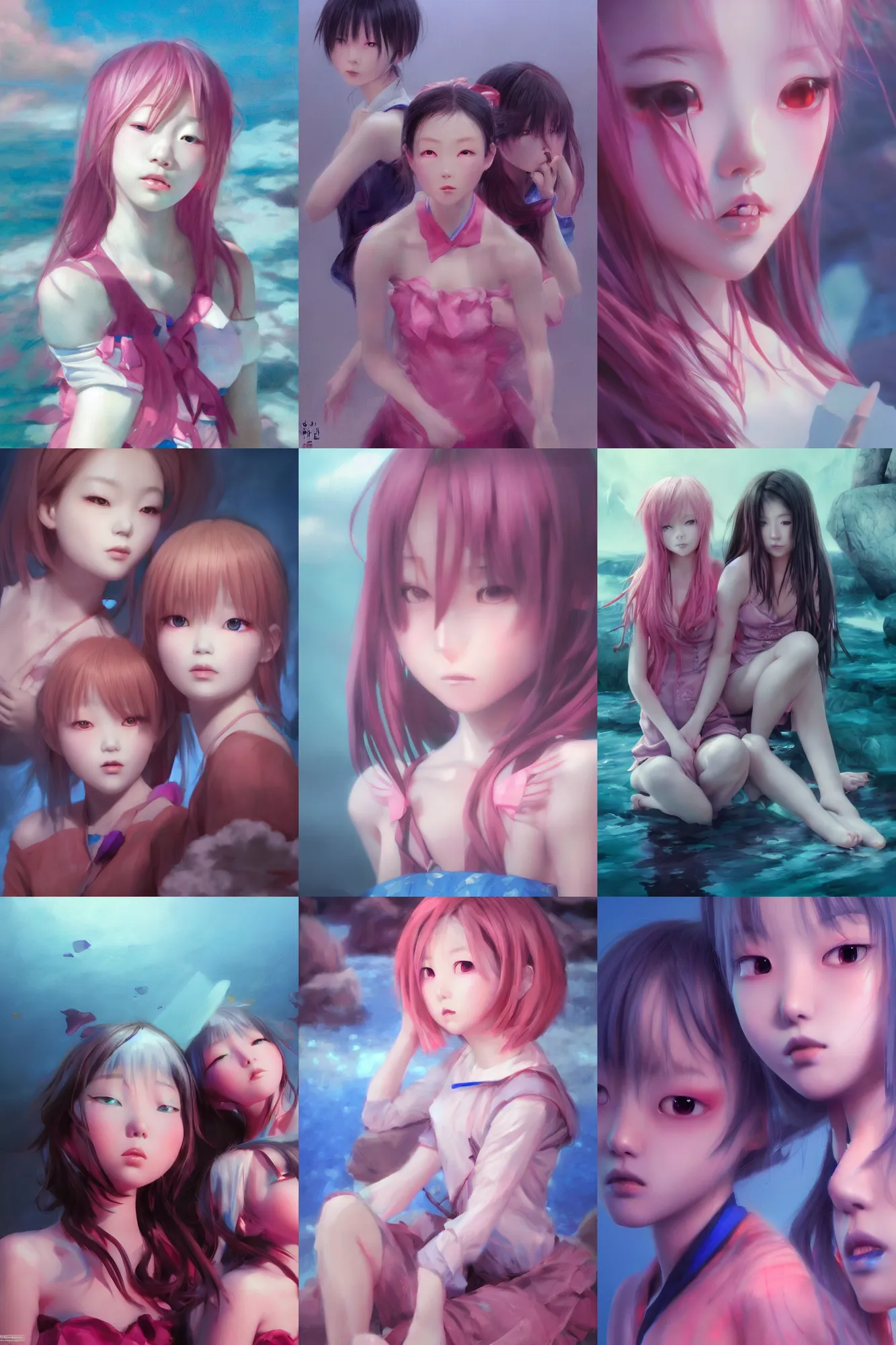 Image similar to 3d dark infrared octane render concept art by D. Jun, by Mo Xiang Tong Xiu, by Igarashi Daisuke, beauty portrait anime schoolgirls under dark pink and blue water. cute sad face. dramatic deep light, trending on artstation, oil painting.