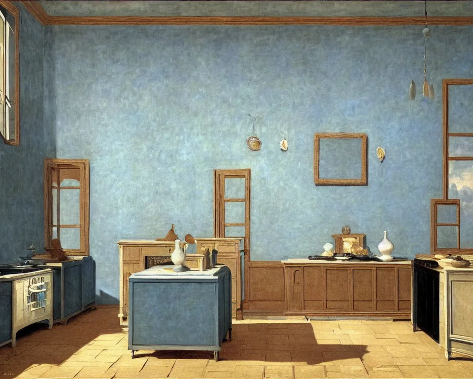 Image similar to achingly beautiful painting of a sophisticated kitchen on baby blue background by rene magritte, monet, and turner. giovanni battista piranesi.