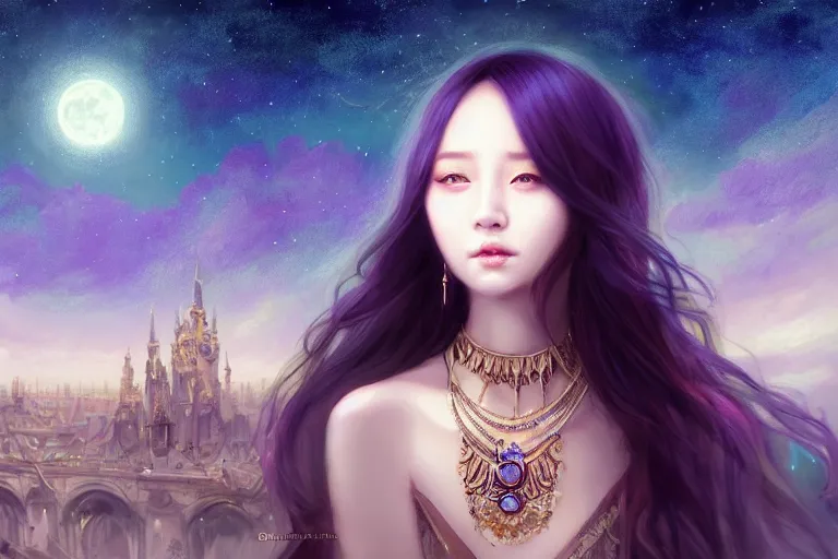 Prompt: masterpiece portrait charming and miracle female luxury astromancer boho accessories in dreamlike movie, kpop, evil smile, high detailed face, art by artgerm, greg rutkowski, sasoura, satchely, big major starry sky and city in background, uhd, medium long shot, fantasy, twlight, no distorsion, sharp focus, sun, moon