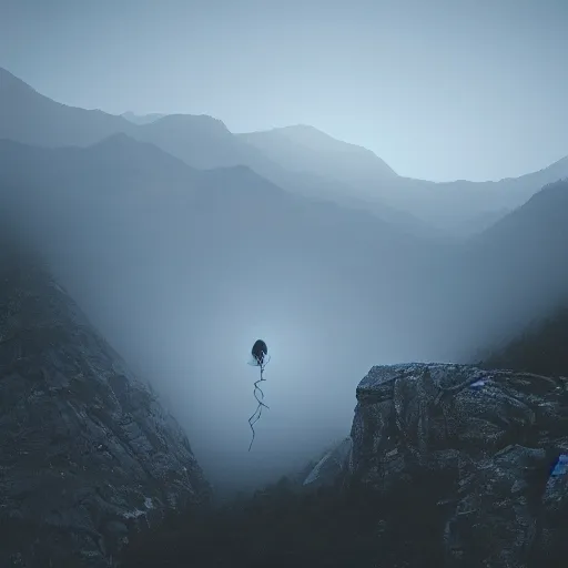 Prompt: massive spider climbing over a mountain dusk, volumetric lighting, foggy