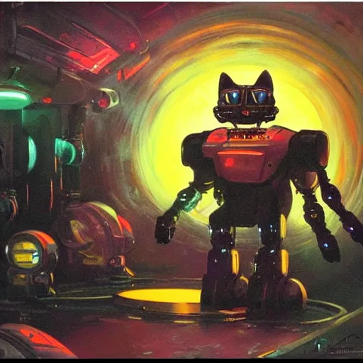 Prompt: a dark and colorful close - up of a sci - fi mecha cat robot with led lights glowing fog in the background. highly detailed science fiction painting by norman rockwell, frank frazetta, and syd mead. rich colors, high contrast, gloomy atmosphere, dark background. trending on artstation