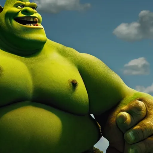 Image similar to shrek and the hulk are best friends, wide shot, dramatic lighting, octane render, hyperrealistic, HD