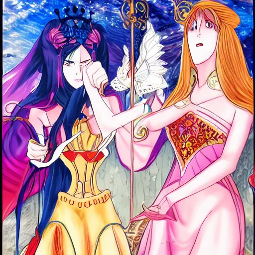 Prompt: a scene of two beautiful queens fighting over a throne, detailed anime art