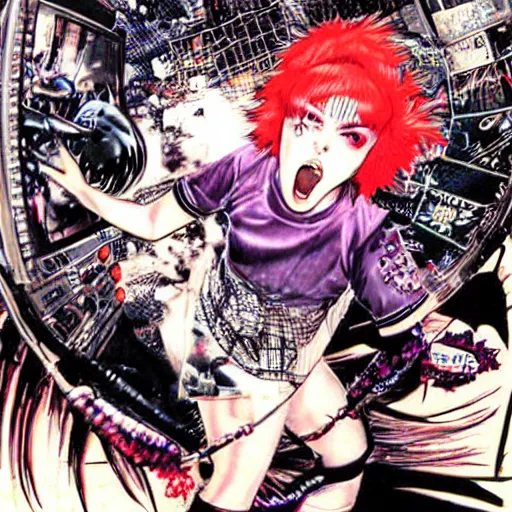 Prompt: punk girl destroying a crt tv with a spiked baseball by ayami kojima