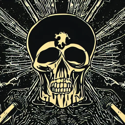 Image similar to dark death metal themed vector illustration for a record label, trees. forest, spikes, skull, microphone, skull, award winning, grunge, iconic, golden ratio