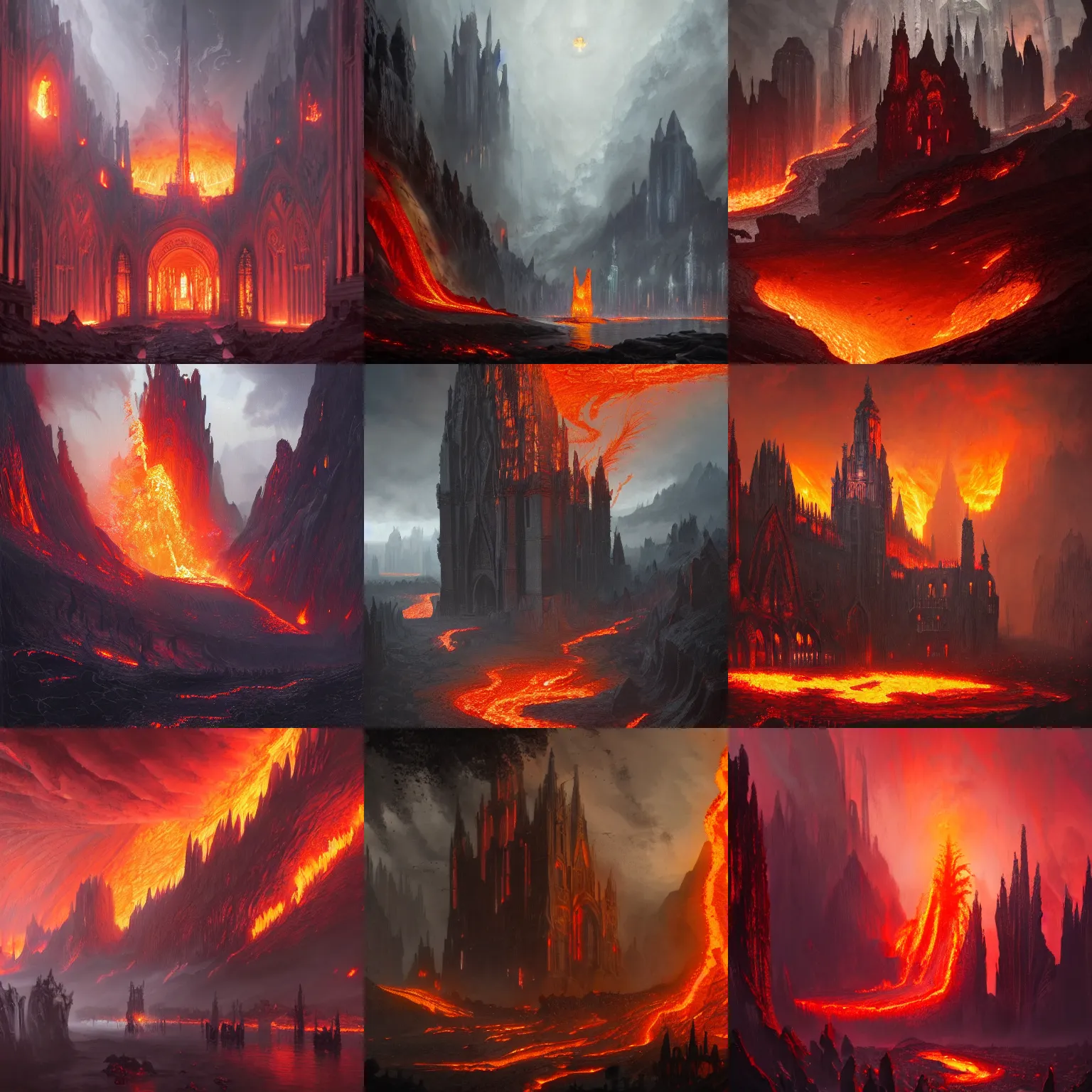 Prompt: an obsidian gothic cathedral in the elemental plane of fire, with rivers of lava surrounding it, Dungeon and Dragon illustration, painted by Greg Rutkowski, 4k, trending on ArtStation