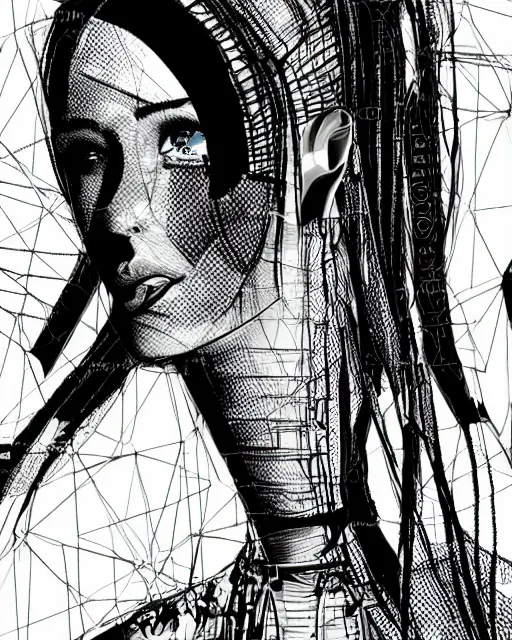 Image similar to cypherpunk fashion illustration, camera face, city street background with high tall buildings, abstract portrait highly detailed, finely detailed