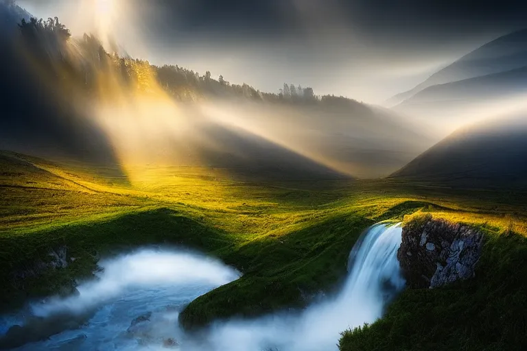 Image similar to landscape photography of romania by marc adamus, morning, mist, rays of light, beautiful