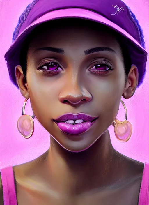 Prompt: portrait of vanessa morgan, black teenage girl, pink hair, wavy pixie haircut, purple newsboy cap, fluffy pink hair coming out from under cap, hoop earrings, subtle confident smile, intricate, elegant, glowing lights, highly detailed, digital painting, artstation, concept art, sharp focus, illustration, art by wlop, mars ravelo and greg rutkowski