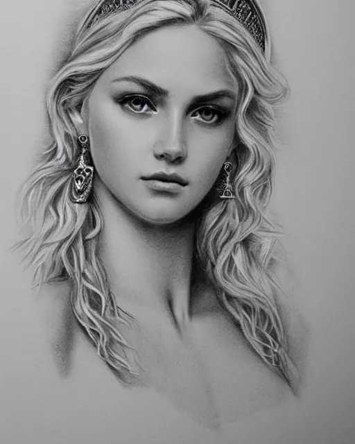 Image similar to pencil drawing of a beautiful greek goddess aphrodite with arrowhead earrings, beautiful piercing eyes, beautiful blonde hair, hyper realistic face, in the style of greg rutkowski, fantasy, amazing detail, epic, elegant, smooth, sharp focus, from the front