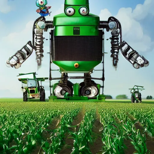 Image similar to green agricultural transformers with doraemon face and wings in the corn field, the upper body of fledged bodybuilder, taller than human, droid, robots, humanoid, farming, highly detailed, digital painting, feathers, agricultural tractor, artstation, concept art, smooth, sharp focus, illustration, art by artgerm and greg rutkowski, unreal engine