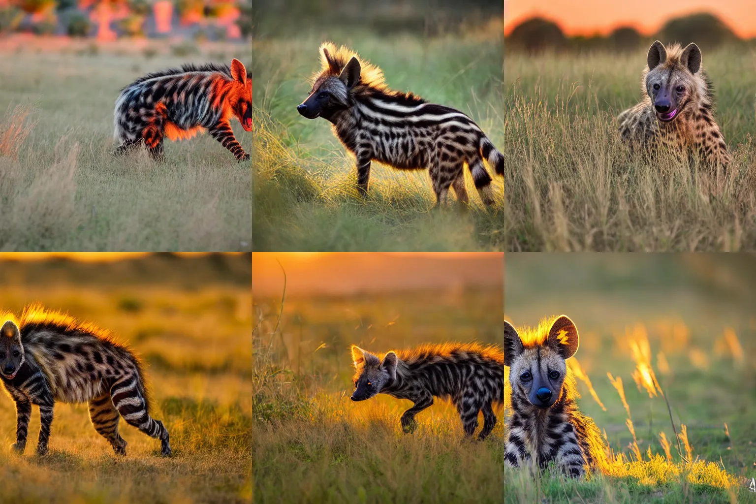 Prompt: a dramatically lit brightly colored detailed wild striped hyena with thick long wavy fur playing in the grass with clouds and a sunrise in the background in Algeria Sigma 85 mm f/1.4