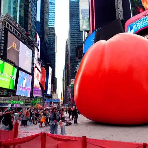 Prompt: a giant tomato on times square