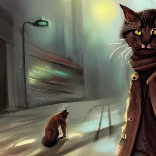 Image similar to digital art, humanoid homeless cat, concept art, d & d, fantasy