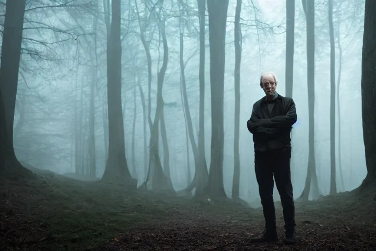 Image similar to a cinematic headshot portrait of a skinny evil male scientist, stood in a spooky forest, fog, shrubbery, 8 k, detailed, backlight, deep focus, movie still, moody lighting, by werner herzog