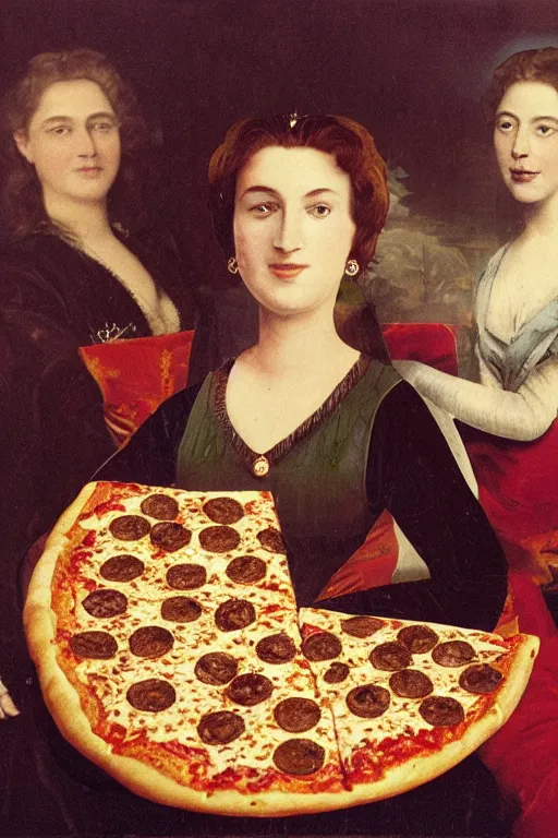 Prompt: historical photo of queen margherita ( savoy ) sharing a pizza! margherita with her friends, full body, portrait photo, diffuse light, acclaimed masterpiece