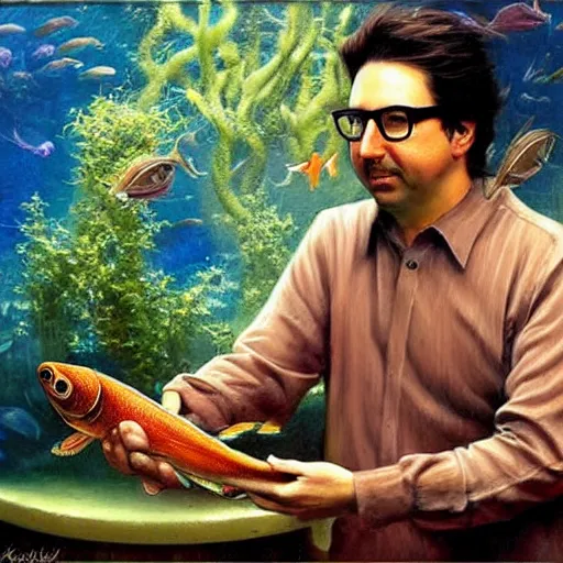 Prompt: ray romano with glasses holding a fish in front of an aquarium, ethereal, painting by karol bak