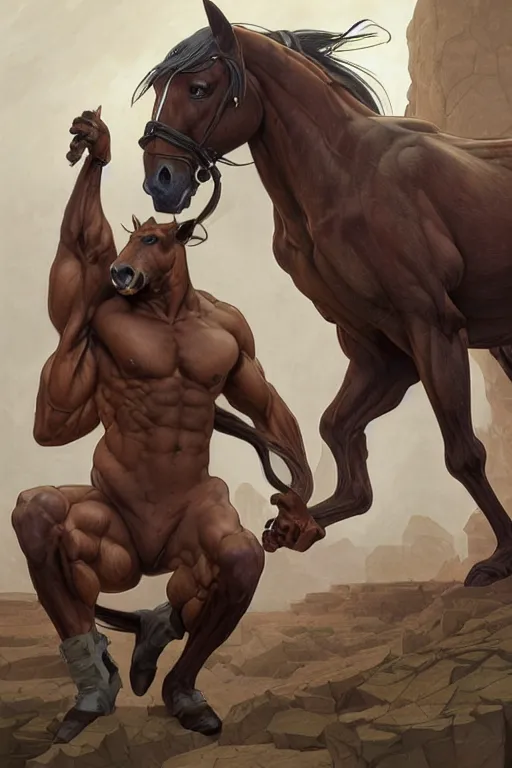 Image similar to an enormously muscular anthro horse male at a research facility donned in alternative clothes, furaffinity, highly detailed, digital painting, artstation, concept art, sharp smooth focus, illustration, art by artgerm and greg rutkowski and alphonse mucha