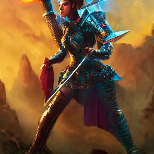Prompt: female knight with an electric longsword rallies a band of troops, dramatic, fantasy character portrait, dynamic lighting, colorful, intricate, hyper realism, 8 k, high resolution