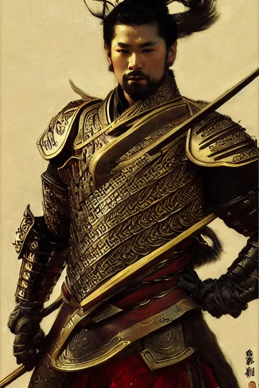 Image similar to attractive male with armor, ming dynasty, character design, painting by gaston bussiere, craig mullins, j. c. leyendecker, tom of finland