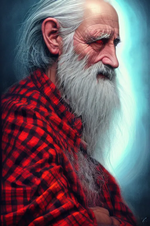 Prompt: an old man wear plaid red shir + long grey hair is the man who know everything in the universe by karol bak, james jean, tom bagshaw, rococo, sharp focus, trending on artstation, cinematic lighting, hyper realism, octane render, 8 k, hyper detailed, vivid, ultra detailed, highly detailed