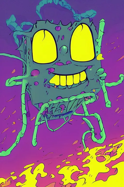 Prompt: concept art painting of a demonic possessed spongebob, moody vibe, moody lighting, artgerm, moebius, inio asano, toon shading, cel shading, calm, tranquil, vaporwave colors,