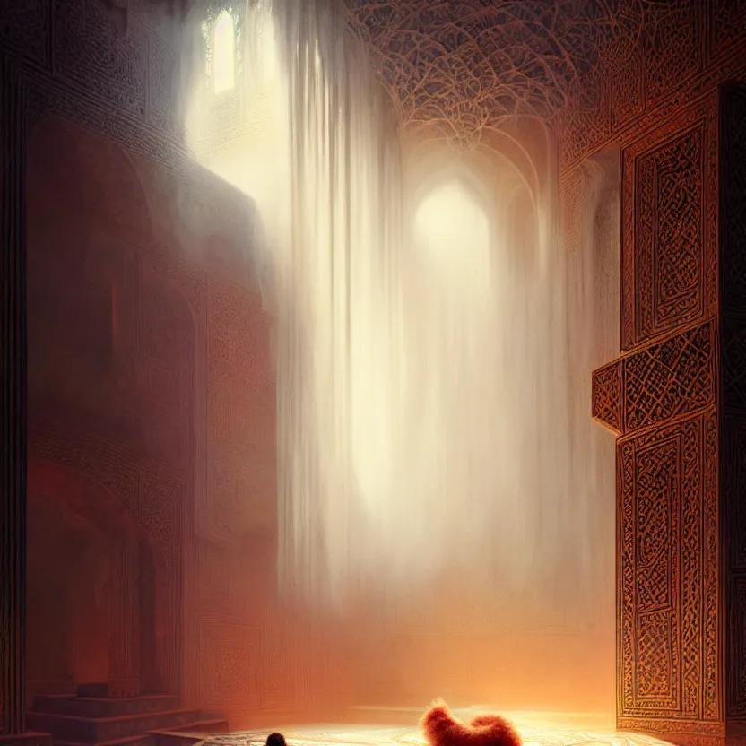 Image similar to magic fluffy Persian carpet & mirror dimension, vertical labyrinth structure, by Greg Rutkowski and Gaston Bussiere, dim lighting, beautiful volumetric-lighting-style atmosphere, surreal atmosphere, intricate, detailed, photorealistic imagery, artstation