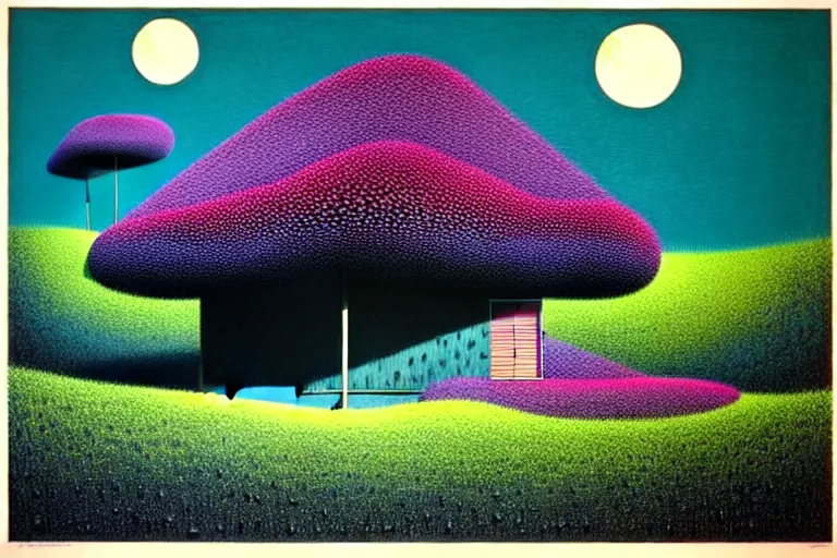 Image similar to surreal glimpse into other universe, house by kengo kuma, summer morning, very coherent and colorful high contrast, art by!!!! gediminas pranckevicius!!!!, geof darrow, floralpunk screen printing woodblock, dark shadows, hard lighting, stipple brush technique,