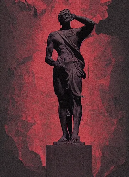 Prompt: dark design poster showing a statue of julius caesar, with subtle skeletal elements, black background with very subtle red and purple design elements, powerful, nekro, vito acconci, thin straight lines, dark, glitch art, neo vaporwave, gritty, layout frame, square, trending on artstation