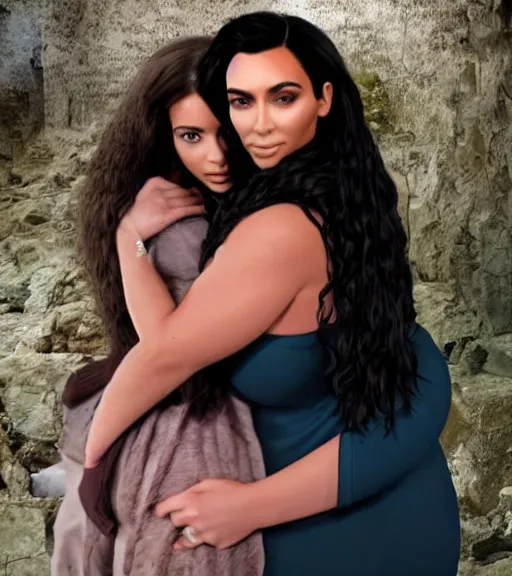 Image similar to hagrid hugging kim kardashian, holding her waist, in a derelict grotto