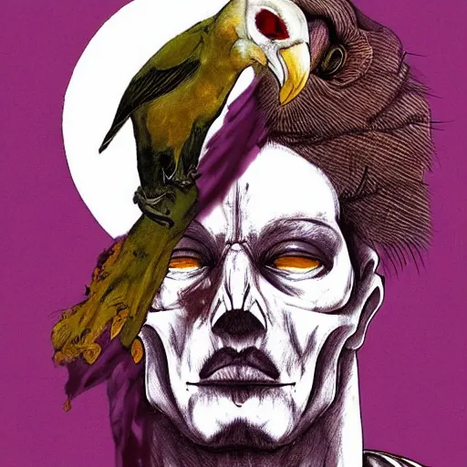 Image similar to a beautiful performance art of a man, with an animal skull for a head, and a large bird perched on his shoulder. the man is looking up at the bird with a fierce expression, and the bird is looking back at him with what seems to be an equally intense gaze. pale violet, concept art world by kuno veeber composed