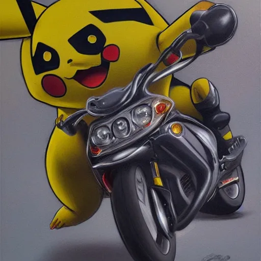 Image similar to pikachu riding motorcycle, nestor canavarro hyperrealist art style, sharp brushstrokes