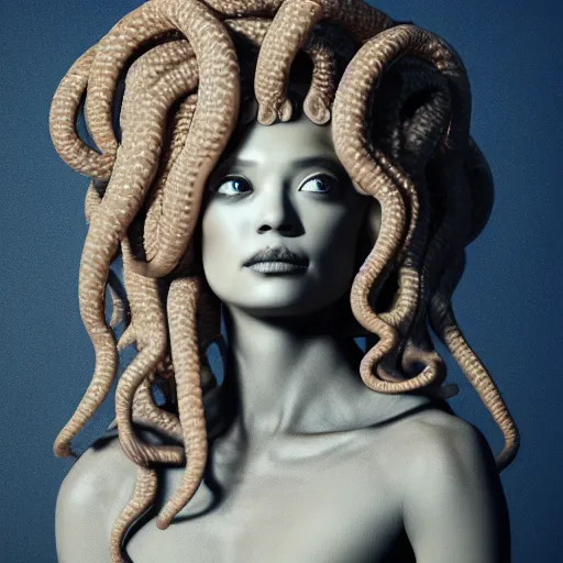 Prompt: photo of the beautiful gorgon medusa standing on dais by hiroko sakai and kago shintaro, ultrarealistic, photorealistic, 8 k render, octane render, unreal render