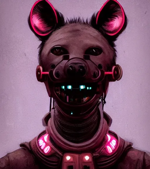 Image similar to new york city portrait icon of furry anthro anthropomorphic spotted hyena head animal person fursona wearing clothes strange cybernetic metal muzzle gloomy rainy screenshot from the video game cyberpunk 2077 digital art by Greg Rutkowski, Simon Stalenhag, christopher nolan trending on Artstation, CGSociety