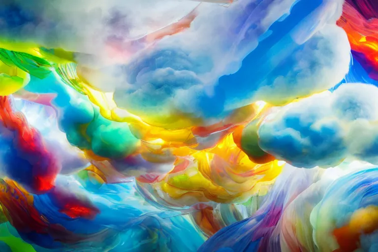 Prompt: a flock of many puffy white transparent clouds tangled into large twisting blobs of colored glass, abstract environment, rockets launching, cruise missile, award winning art, epic dreamlike fantasy landscape, ultra realistic,