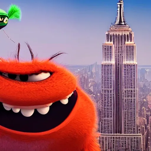 Image similar to Mike Wazowsvki but he has seven eyes, five ears, four noses and is destroying the empire state building