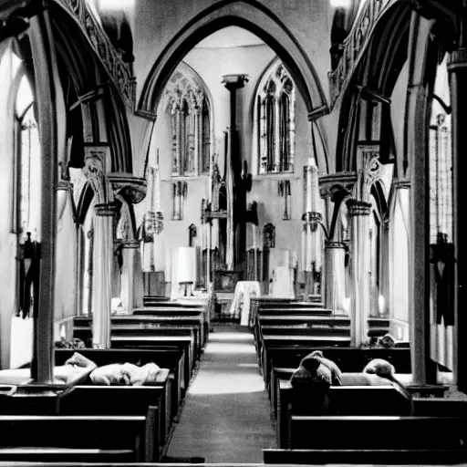 Prompt: Robots from the 1950s praying in pews in a cathedral church