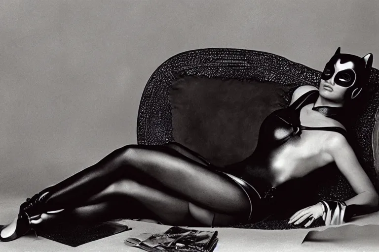 Image similar to studio photograph of Mila Kunis as Catwoman on a chaise lounge|batman returns 1992